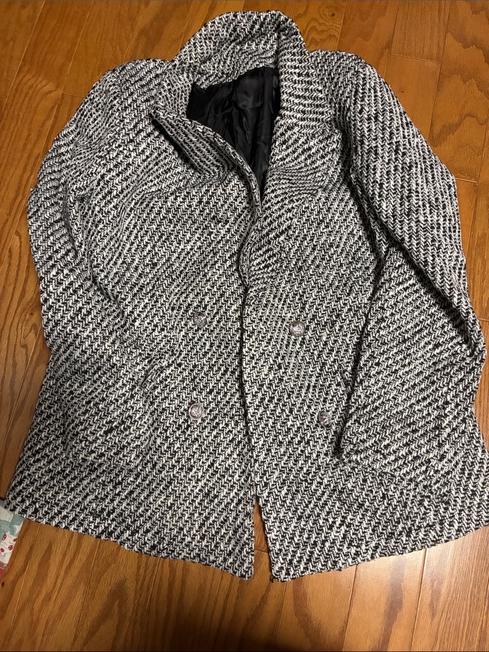 Womens Black & White Tweed Peacoat Jacket